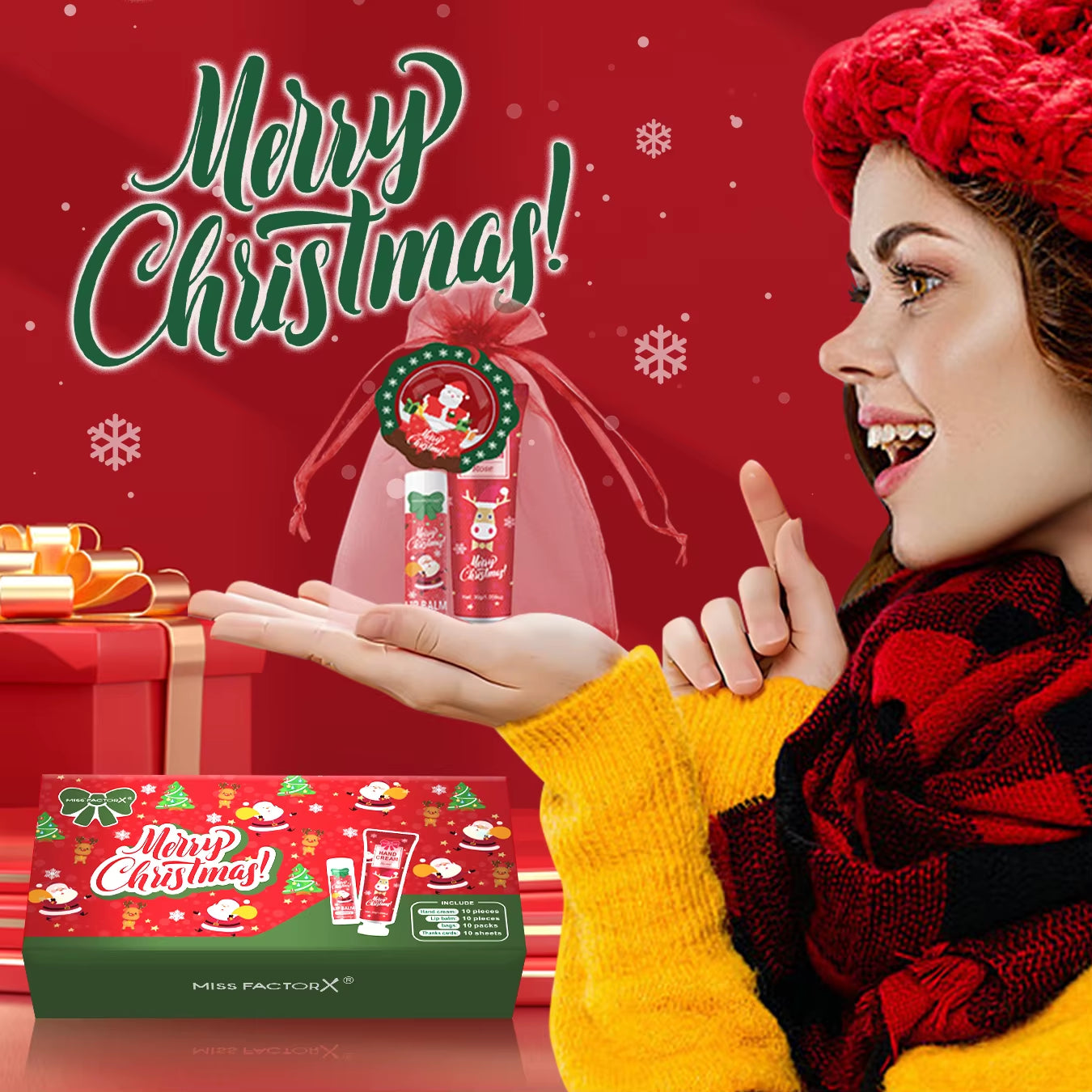 Christmas Kit-10 Sets/Box Hand Cream Kit, Lip Balm Set, with Santa Card and Red Gift Bag, Party Gift Distribution