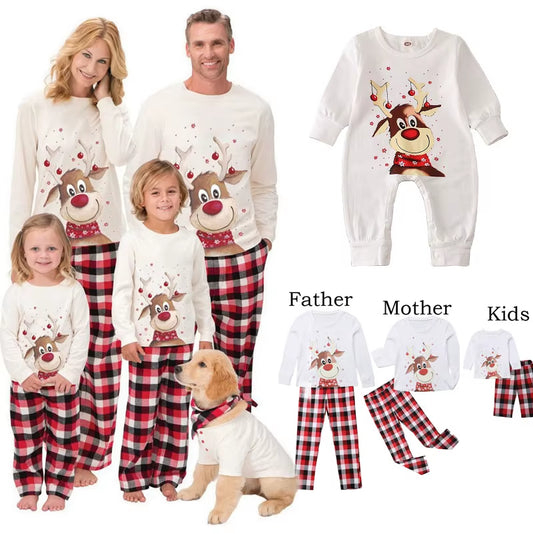 Family Matching Christmas Pajamas Sets Mother and Kids Pyjamas Deer Print Tops+Pants Xmas Sleepwear Baby Romper Pet Dog Clothes