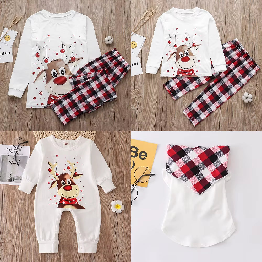 Family Matching Christmas Pajamas Sets Mother and Kids Pyjamas Deer Print Tops+Pants Xmas Sleepwear Baby Romper Pet Dog Clothes