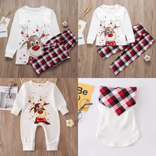 Family Matching Christmas Pajamas Sets Mother and Kids Pyjamas Deer Print Tops+Pants Xmas Sleepwear Baby Romper Pet Dog Clothes