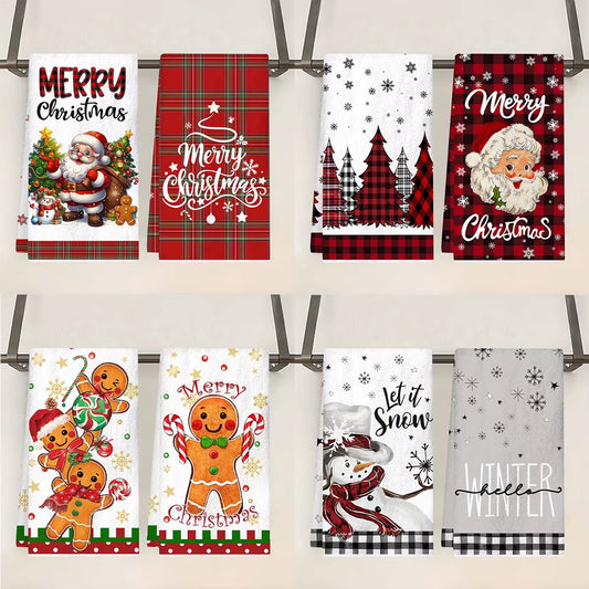 2Pcs Christmas Kitchen Towels Buffalo Plaid Xmas Hand Towels Christmas Decorations for Home 2025 Navidad Noel Dish Towels Gifts