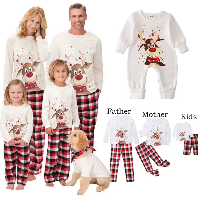 Family Matching Christmas Pajamas Sets Mother and Kids Pyjamas Deer Print Tops+Pants Xmas Sleepwear Baby Romper Pet Dog Clothes