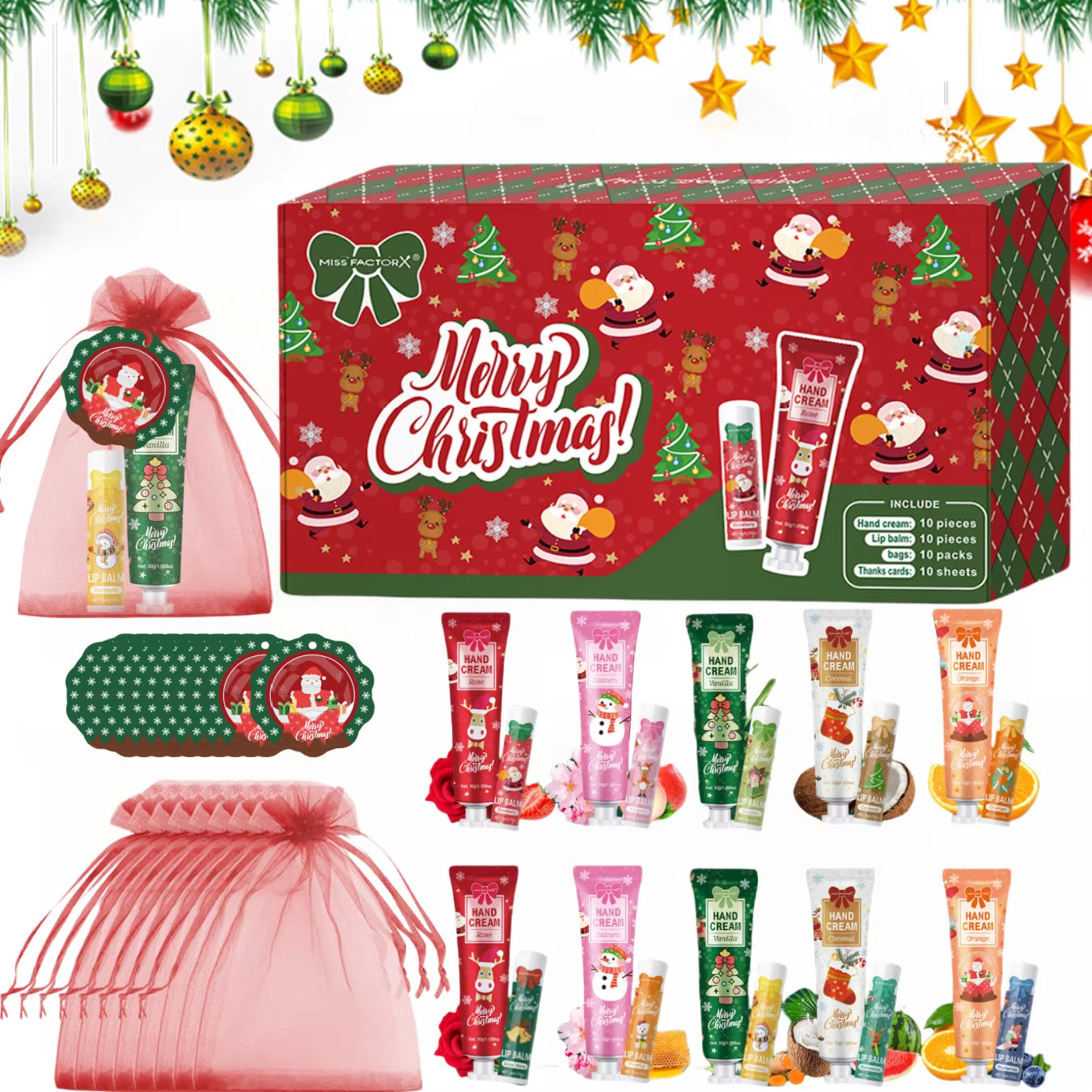 Christmas Kit-10 Sets/Box Hand Cream Kit, Lip Balm Set, with Santa Card and Red Gift Bag, Party Gift Distribution